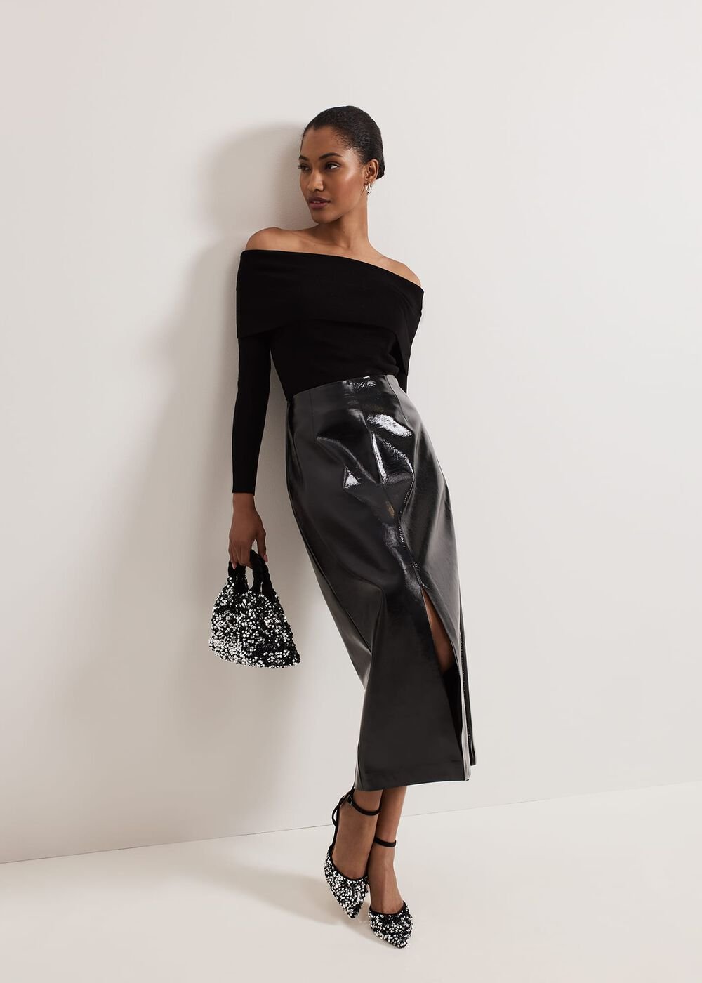 Tabby Black Vinyl Pu Pencil Skirt Black