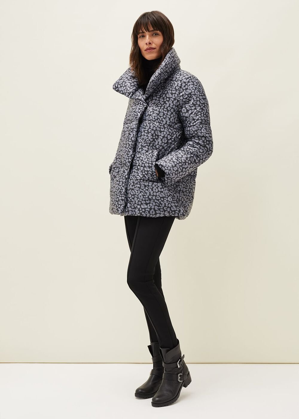 Anny Animal Print Puffer Coat Grey Multi