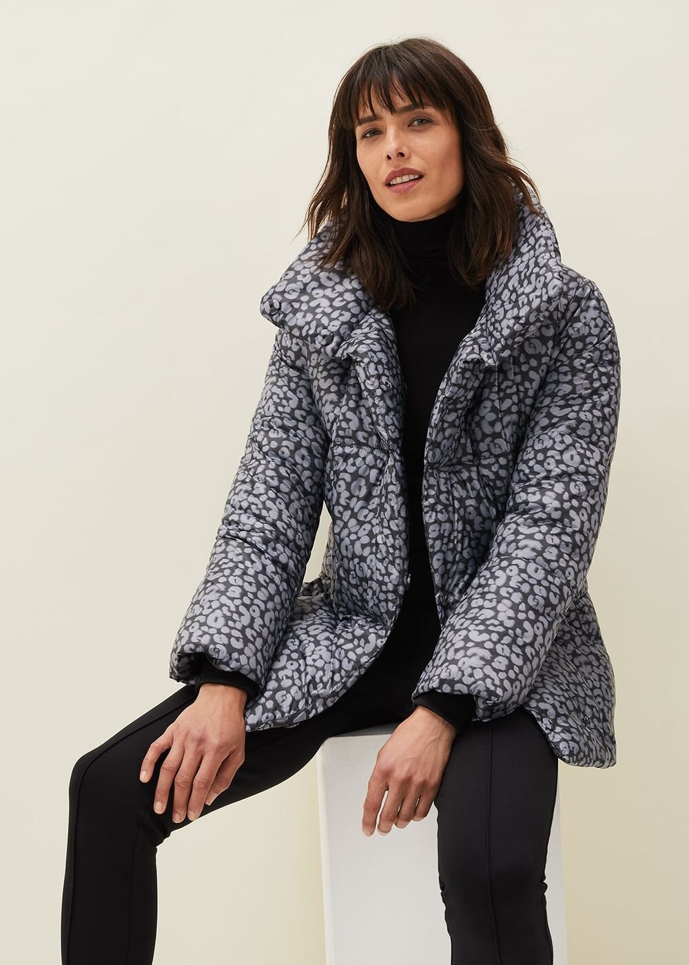 Anny Animal Print Puffer Coat Grey Multi