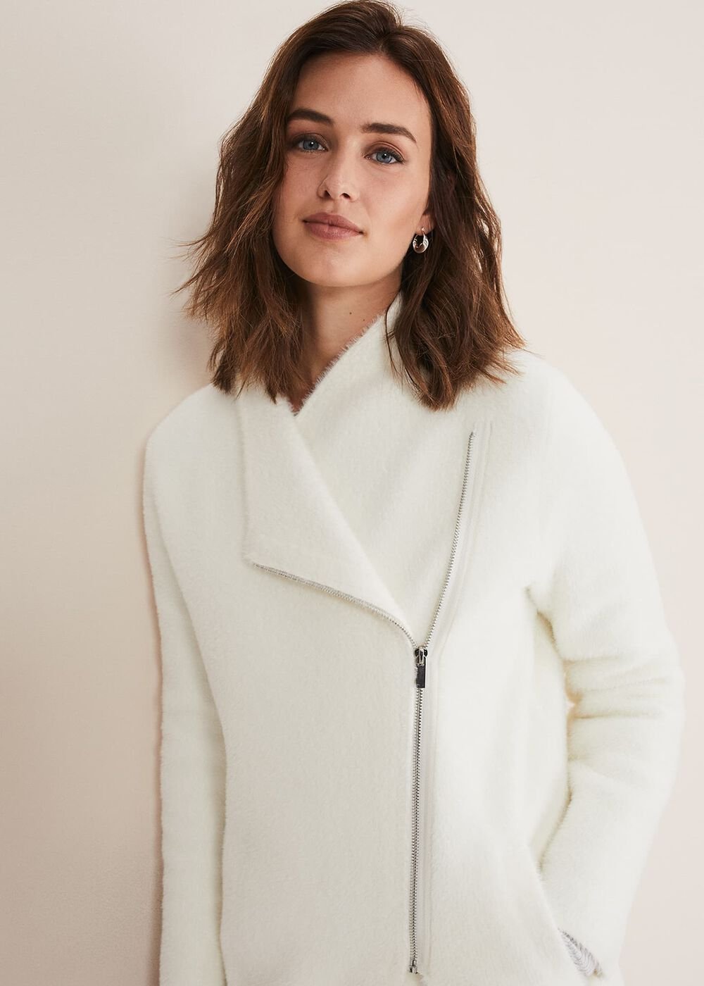 Fia Fluffy Zip Knit Coat Winter White