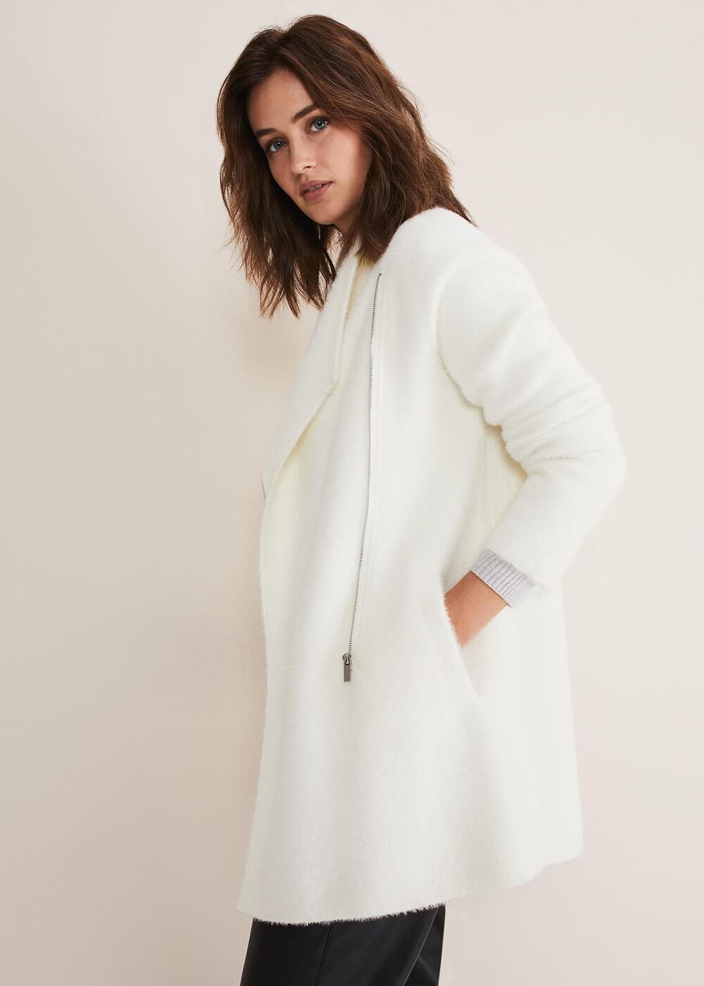 Fia Fluffy Zip Knit Coat Winter White