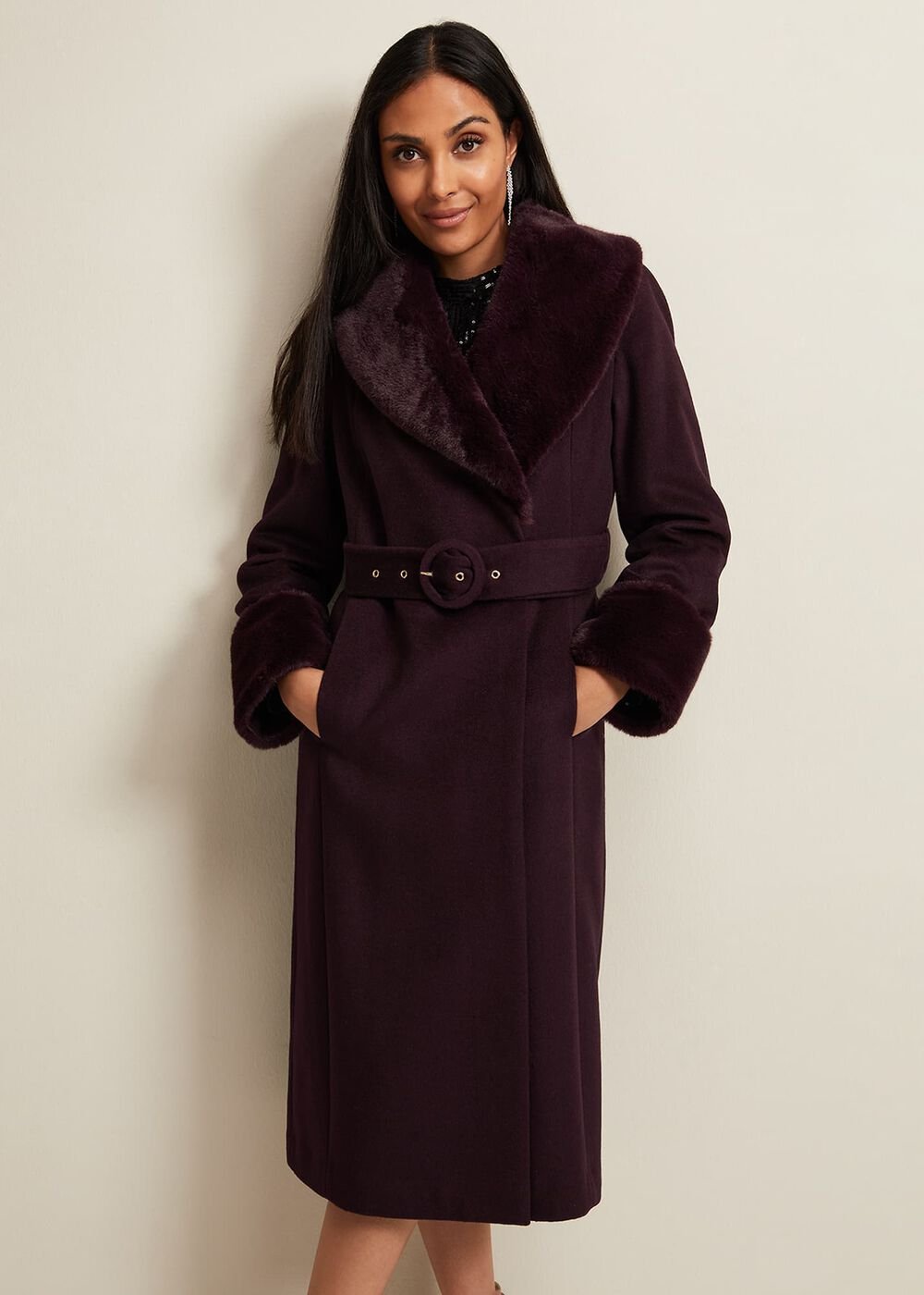 Petite Zylah Faux Fur Collar Wool Coat Burgundy