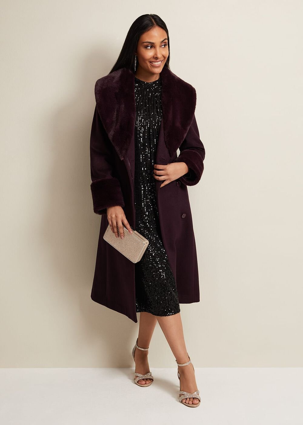 Petite Zylah Faux Fur Collar Wool Coat Burgundy