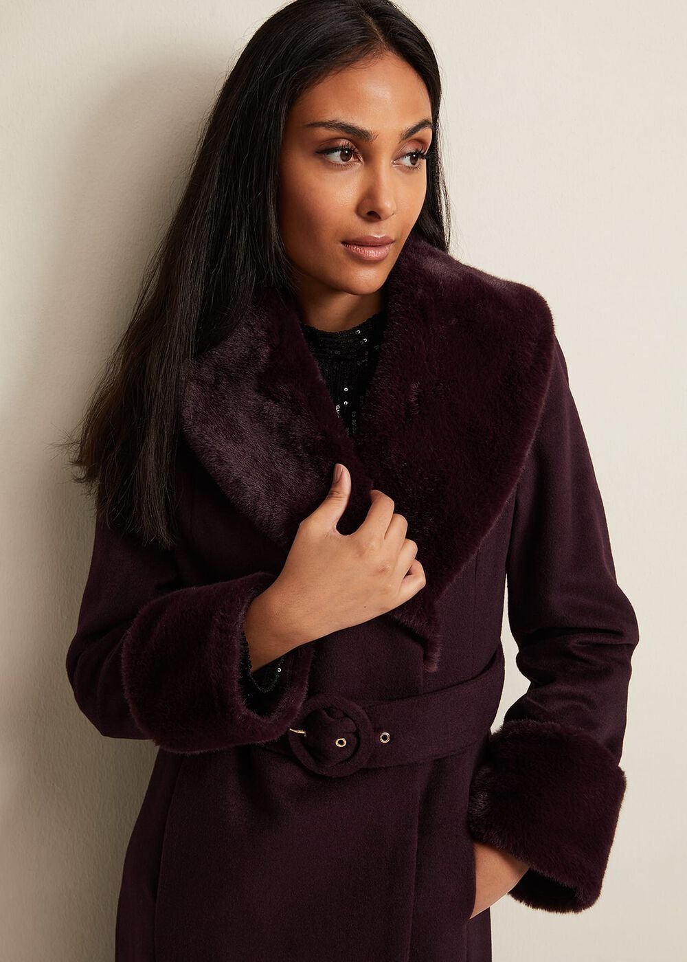 Petite Zylah Faux Fur Collar Wool Coat Burgundy