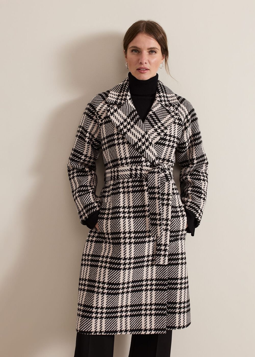 Petite Cassie Check Wool Wrap Coat Black/Ivory