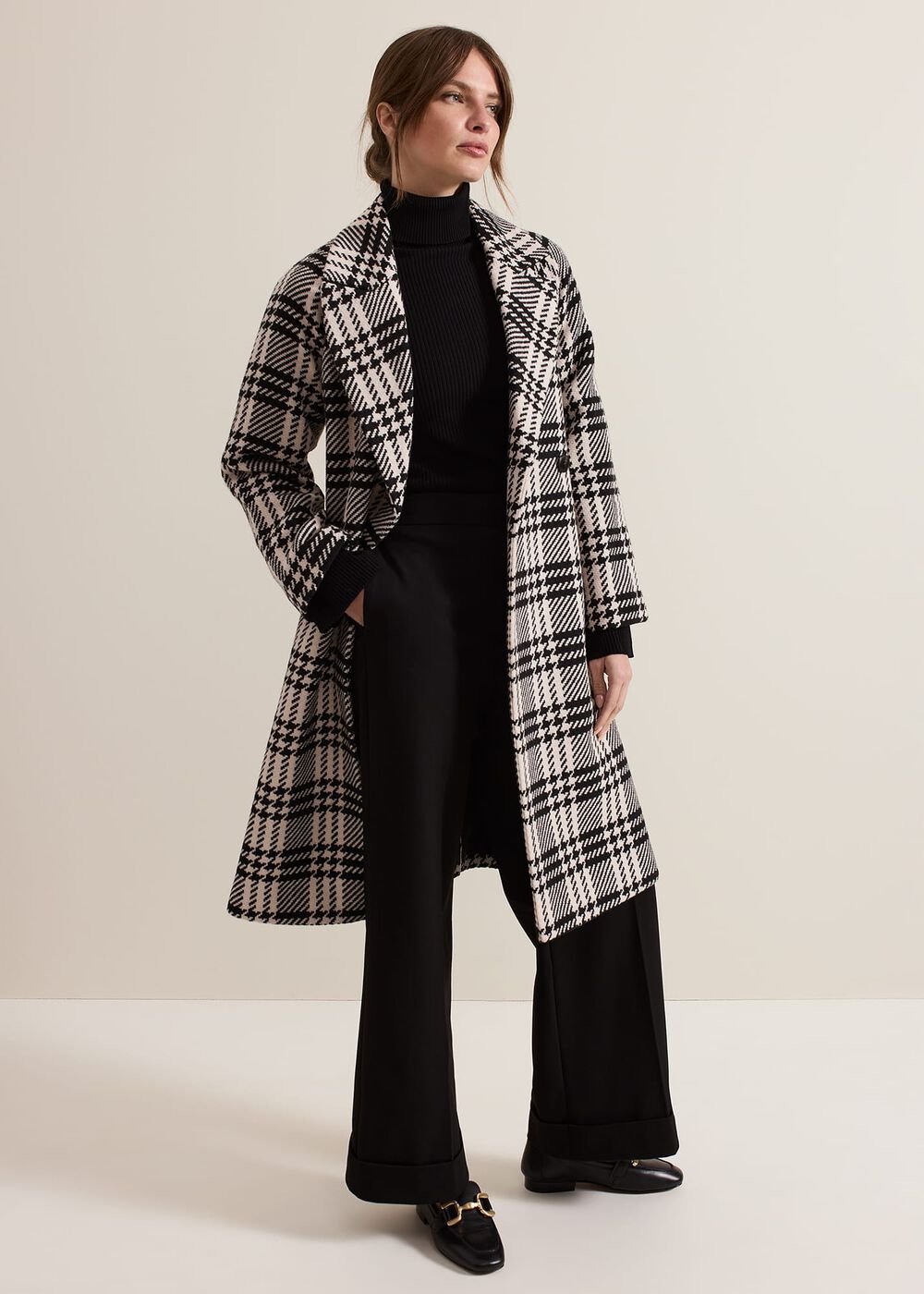 Petite Cassie Check Wool Wrap Coat Black/Ivory