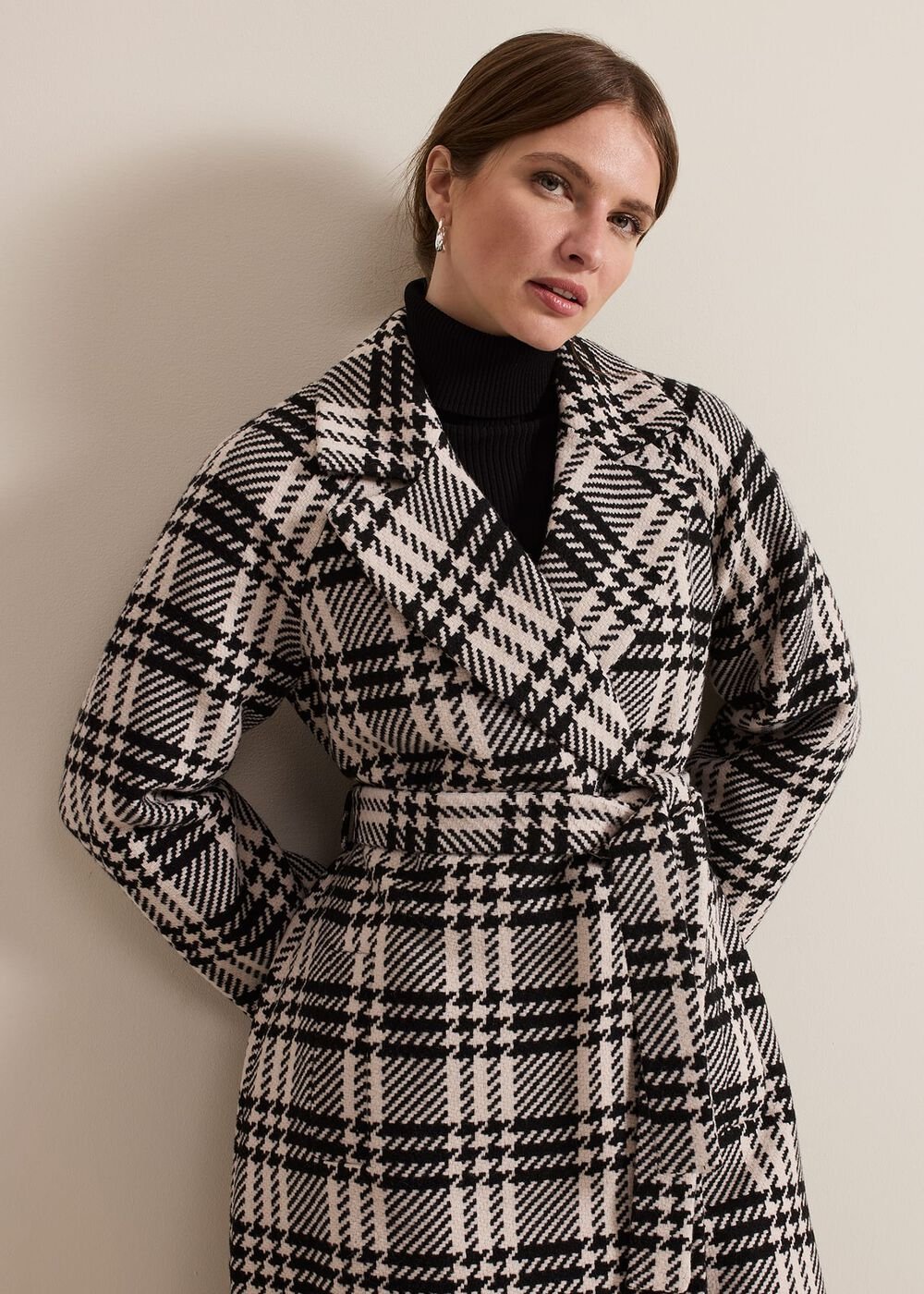 Petite Cassie Check Wool Wrap Coat Black/Ivory