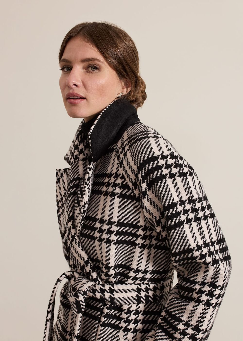 Petite Cassie Check Wool Wrap Coat Black/Ivory