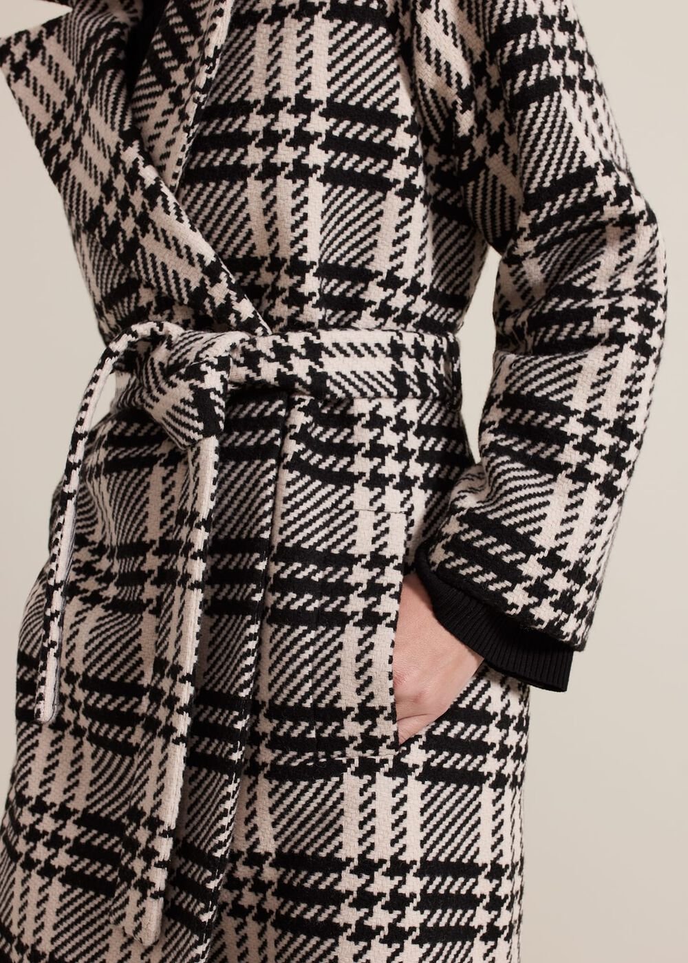 Petite Cassie Check Wool Wrap Coat Black/Ivory