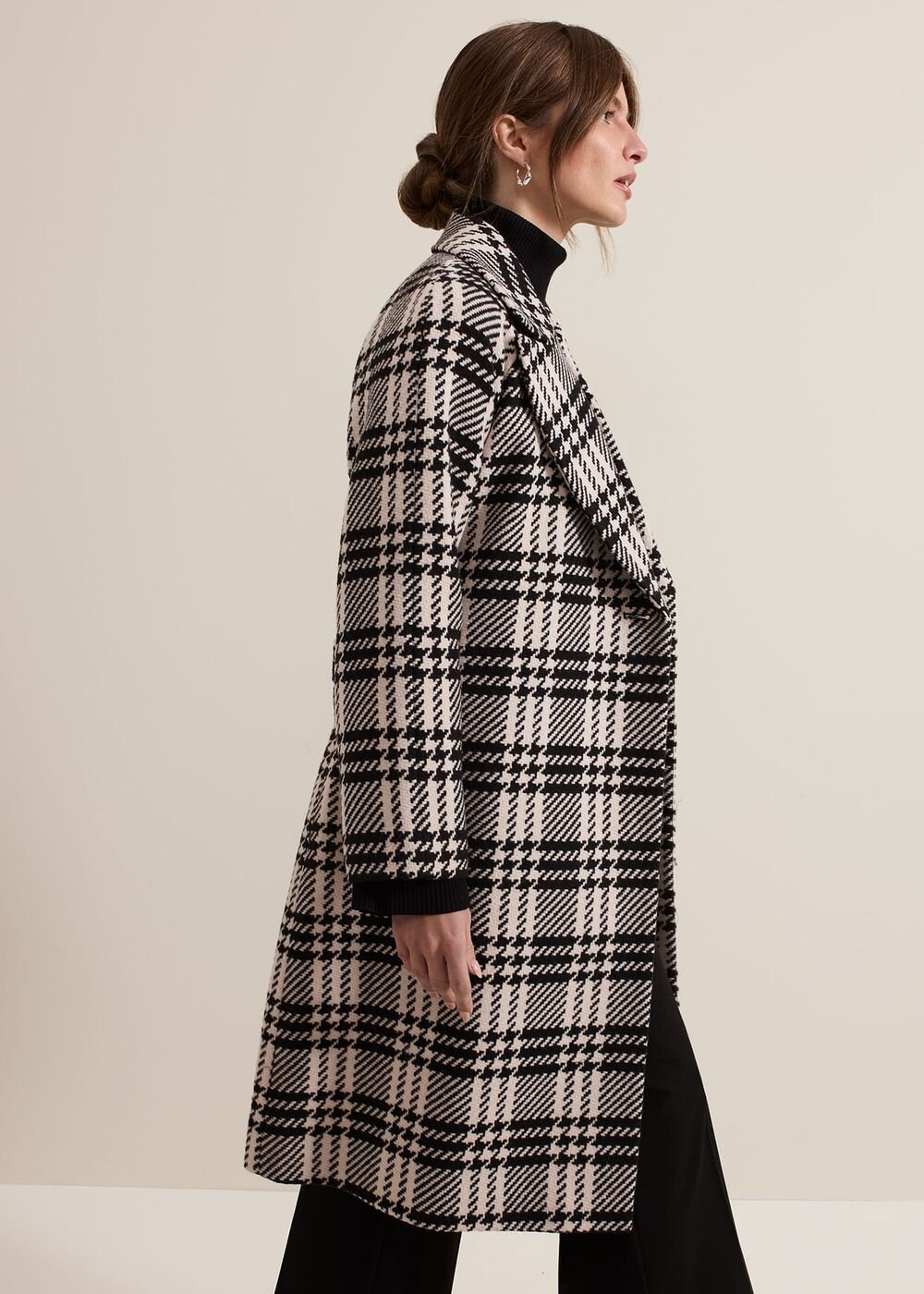Petite Cassie Check Wool Wrap Coat Black/Ivory