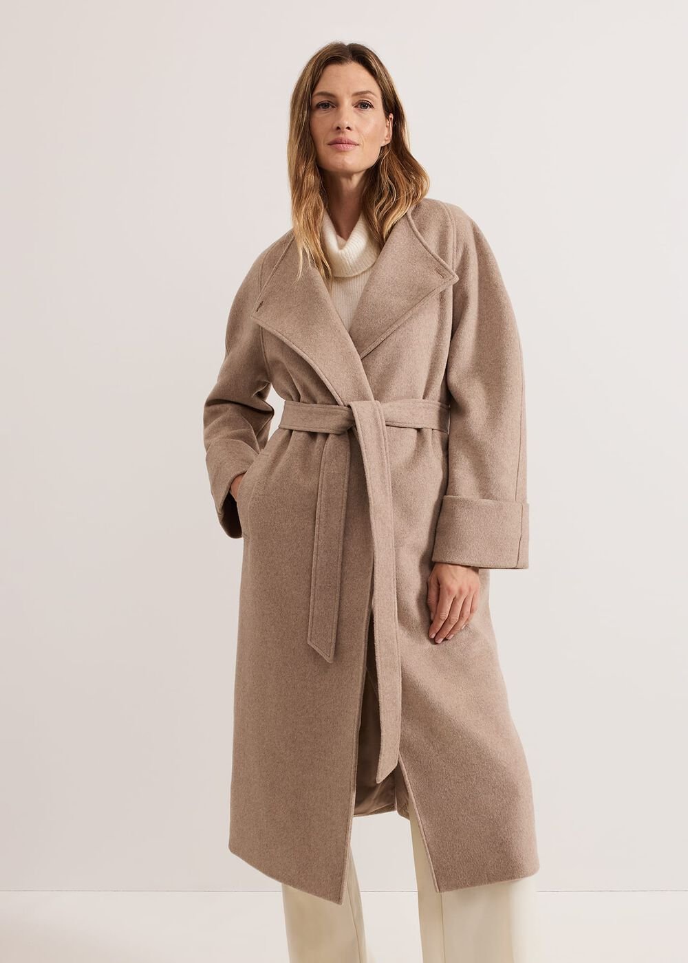 Aoife Collarless Wool Wrap Midi Coat Neutral