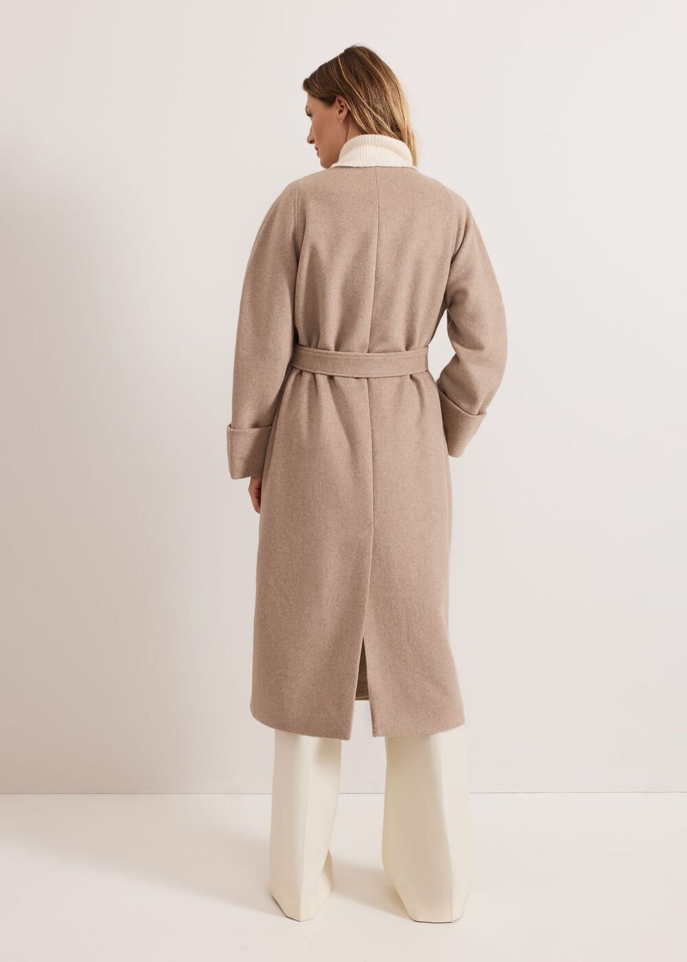 Aoife Collarless Wool Wrap Midi Coat Neutral