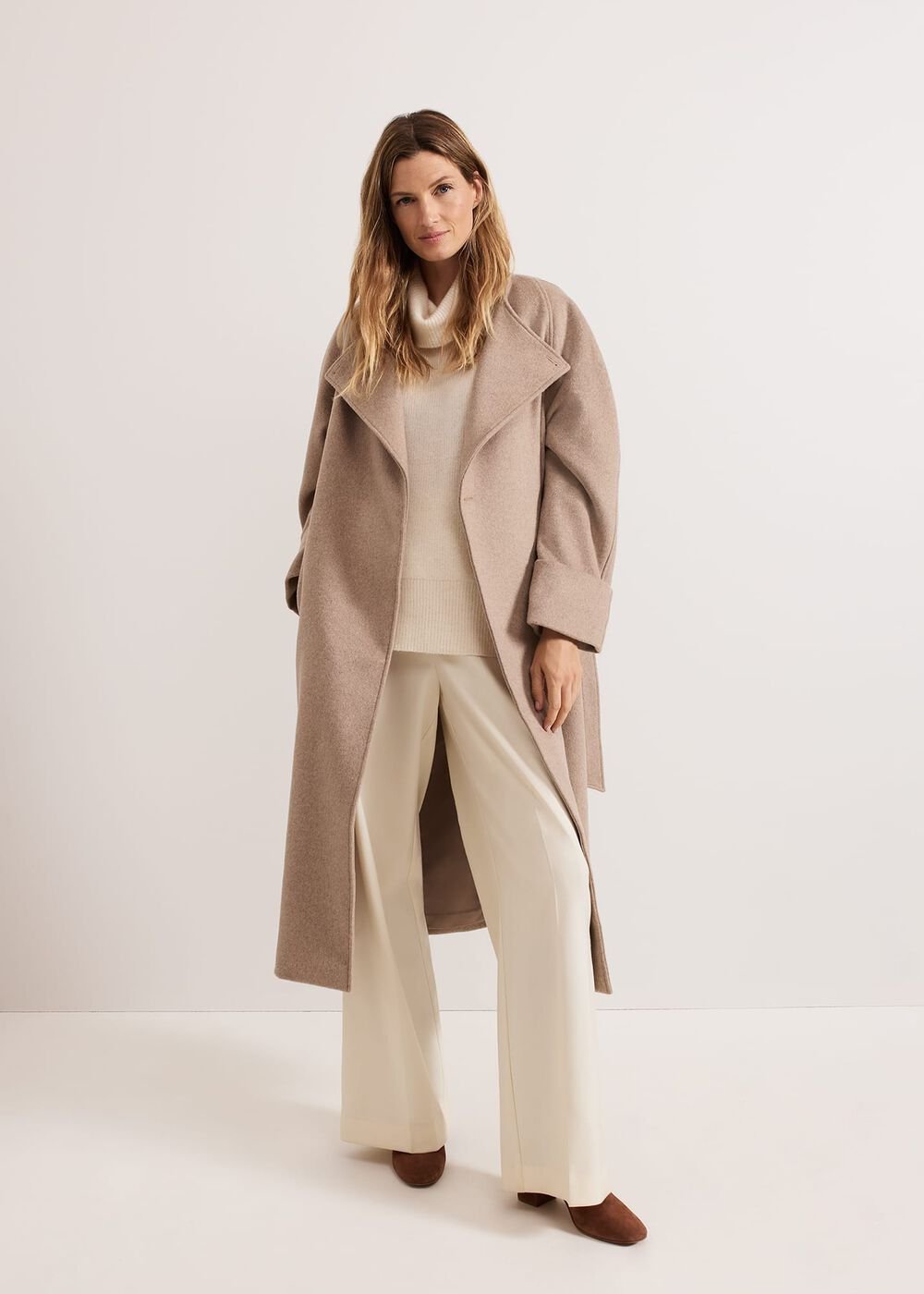 Aoife Collarless Wool Wrap Midi Coat Neutral