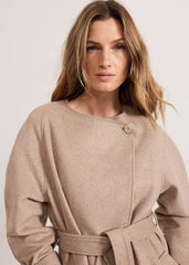 Aoife Collarless Wool Wrap Midi Coat Neutral
