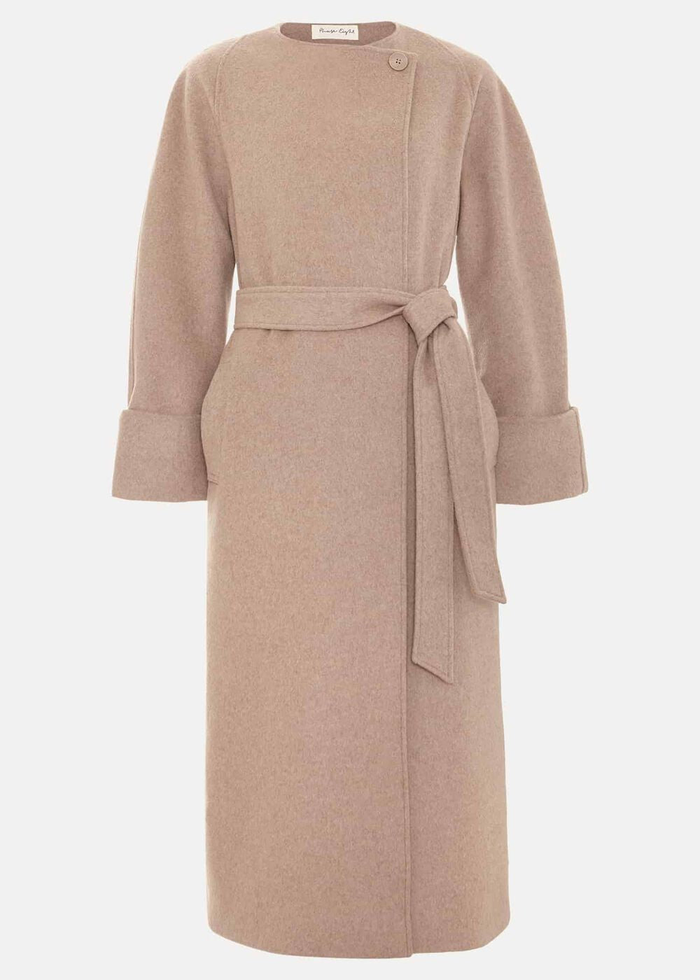 Aoife Collarless Wool Wrap Midi Coat Neutral
